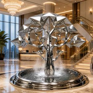 Fuente de Agua de Acero Inoxidable con Escultura Geométrica de Árbol, Acabado Espejo, para Interiores, Vestíbulo de Hotel, Lujosa, Feng Shui, Moderna - Product Image 1