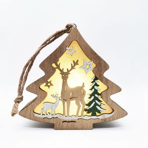 Décoration de Noël en bois avec sapin, Père Noël et rennes, LED jaunes, pour la maison et le bureau, artisanat en buis avec boîtier de commande manuel - Product Image 3