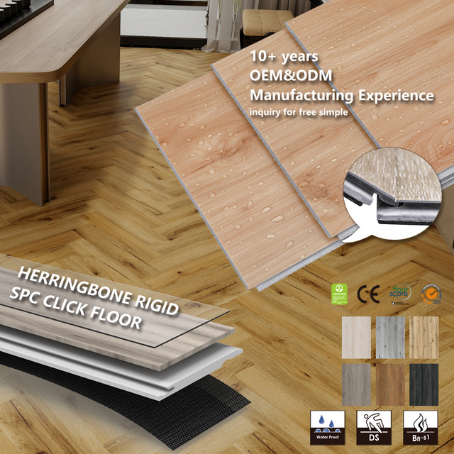 High-quality SPC Vinyl Flooring Wood Grain Herringbone Click Design 5''*24.6''/127*625mm Indoor Kitchen Waterproof Anti-Slip