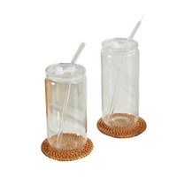 Vaso de Vidrio Transparente de Borosilicato con Tapa y Pajita de PP, en Forma de Lata de Cerveza, Hecho a Mano, Sostenible, con Logotipo Personalizado