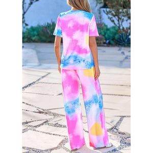Women's <b>Tie</b> Dye Pajama Set Short Sleeve Knitted Lounge Wear Sleepwear Outfit Spring Summer 2 Piece Soft Comfortable Matching Set - Product Image 4