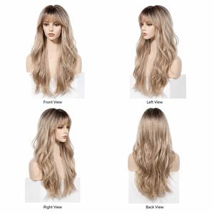 Perruque Body Wave à franges, racine foncée, beige blond, résistante à la chaleur, en fibres haute température, sans colle, directement de l'usine - Product Image 4