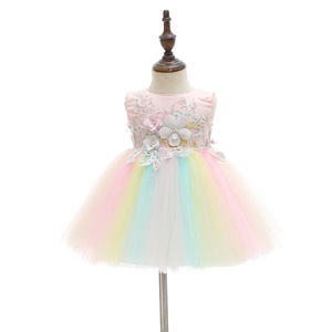 Robe d'anniversaire et de Nouvel An pour bébé fille, sans manches, en maille arc-en-ciel avec appliques de perles - Product Image 1