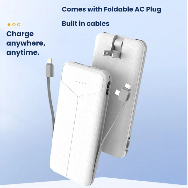 Portable 10000mAh Travel Power Bank with Foldable AC Wall Plug Dual Built in Cable Fast Charge Battery Pack OEMODM Private Label