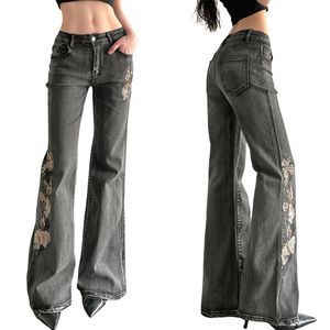 Y2K Breathable Low Rise <b>Flared</b> Denim Jeans with <b>Sequins</b> Embroidery Floral Pattern Vintage Streetwear Style - Product Image 1