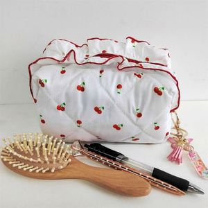 Floral Print Eco-Friendly <b>Large</b> Capacity for Organizer Custom Women's Ruffle Quilted Cosmetic <b>Bag</b> Zipper Travel Gingham - Product Image 4