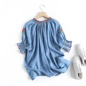 เสื้อยืดผ้ายีน<span class=keywords><strong>ส์</strong></span>คอกลมสไตล์วินเทจปักลายแขนพองสำหรับผู้หญิงเสื้อยืดยีน<span class=keywords><strong>ส์</strong></span>สำหรับฤดูร้อน - Product Image 4