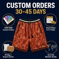 Shorts de sport en maille respirante couleur terre cuite, motif triangle rétro, poches latérales zippées, style streetwear, vente en gros