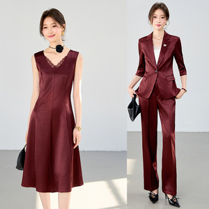 Women's Burgundy Suit Set Satin Blazer Pants Professional Office Wear Slim Fit Solid Color Spring Summer 2026 - Product Image 1