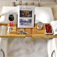 Plateau de bain en bambou naturel, ensemble de quatre pièces, écologique, avec bras extensibles et pieds réglables