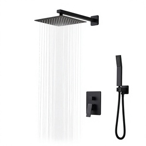Grifo <span class=keywords><strong>de</strong></span> <span class=keywords><strong>ducha</strong></span> <span class=keywords><strong>de</strong></span> pared con cabezal cuadrado tipo lluvia y rociador <span class=keywords><strong>de</strong></span> mano, mezclador con palanca y desviador, negro mate, venta al por mayor <span class=keywords><strong>de</strong></span> fábrica - Product Image 1