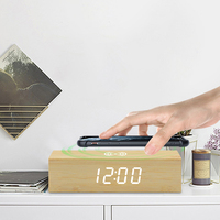 Jam Alarm persegi panjang Hotel Modern, jam Digital Led meja ponsel pengisian daya nirkabel jam Digital bambu