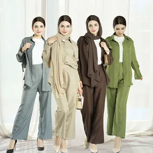 2023 Islamic women clothes Two piece pants set casual solid color cotton linen shirt and pants 2 piece set muslim women