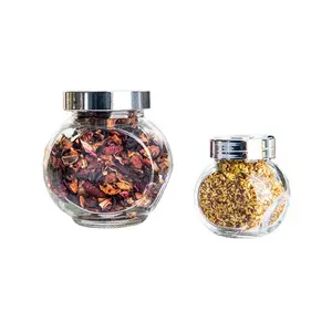 Thiết Kế Tùy Chỉnh Kích Cỡ 50Ml 180Ml 380Ml 480Ml Penny Rõ Ràng Vòng Tilt Lưu Trữ Glass Kẹo Jar Với Chrome Dome Nắp