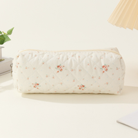 Tempat Pensil Resleting Berbahan Kain Quilted Sederhana untuk Siswa, Tempat Kuas Makeup, Tempat Penyimpanan Kosmetik, Tempat Penyimpanan Perjalanan Kecil Bermotif Bunga, Portabel, Lucu, dan Trendi