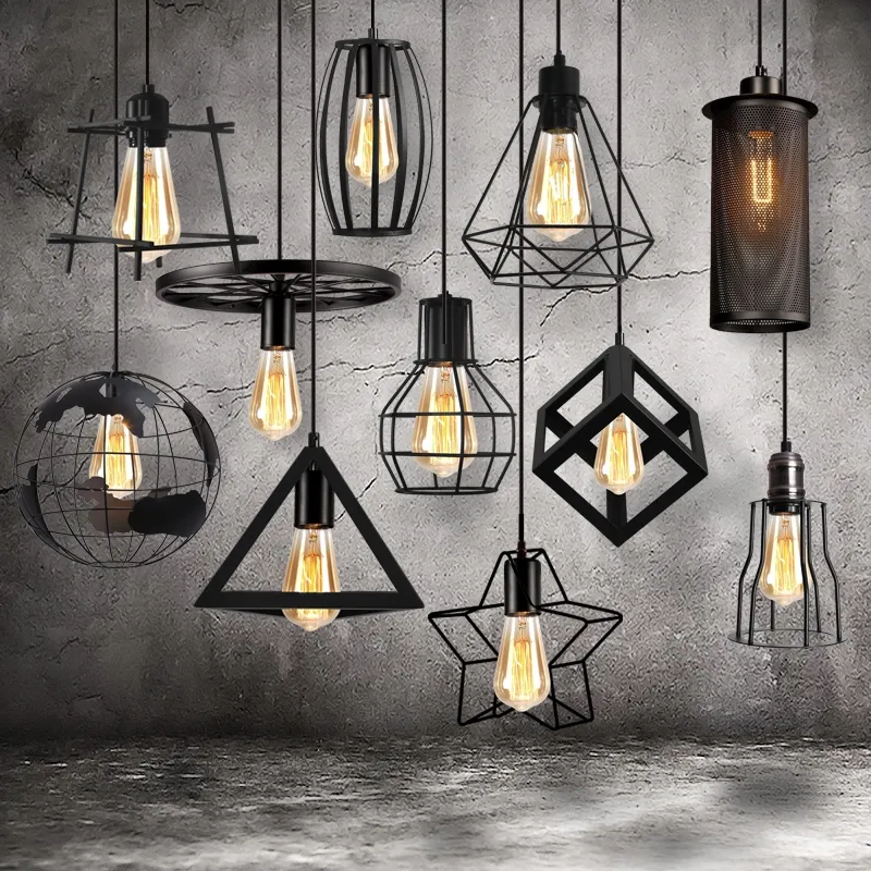 Industrial Modern Nordic Bar Dining Room Kitchen Home Chandelier E27 Black Metal Shade Led Pendant Light Iron Restaurant Bar