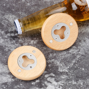 Creative wooden bottle opener, round solid wood bottle opener, beech wood magnetic <b>refrigerator</b> magnet bottle opener, beer - Product Image 2