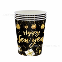 Assiettes, gobelets et serviettes en papier à thème du Nouvel An noir et or, ensemble de fournitures de fête jetables, vente chaude