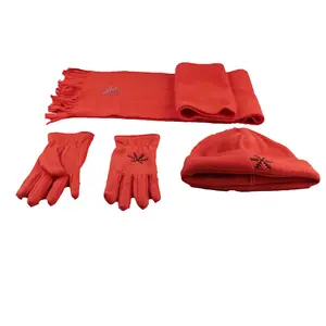 Natale rosso ricamo personalizzato Logo cappello sciarpa guanto 100% Polar Fleece Beanie sciarpa e guanti Set