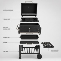 Barbecue fumoir pliant moderne en acier noir émaillé, avec chariot d'extérieur et plateau à charbon réglable pour cendres