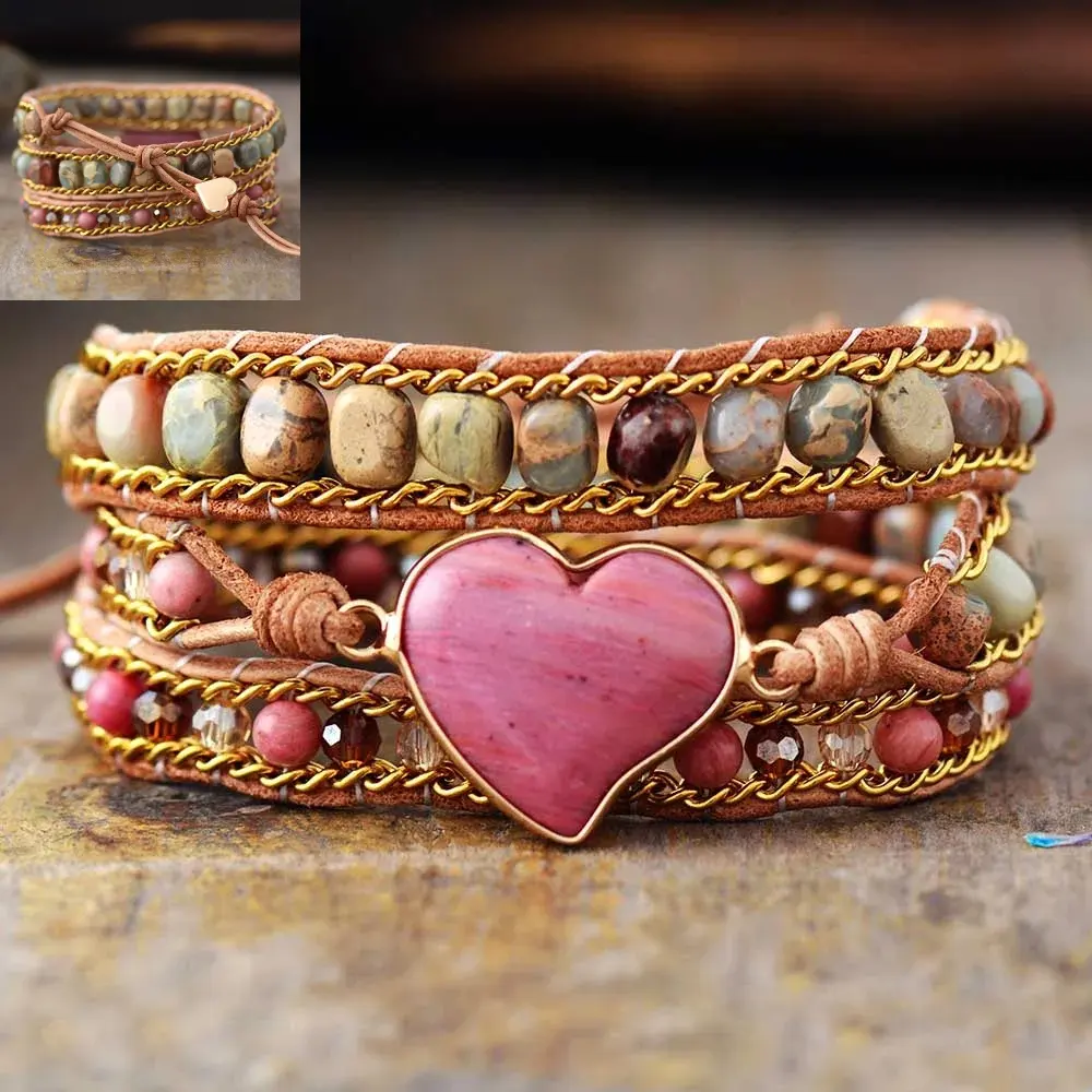 Bohême Fait À La Main Naturel Rhodonite Jaspe AMOUR Wrap Guérison Pierre Bracelet Bijoux Collection Dropshipping En Gros