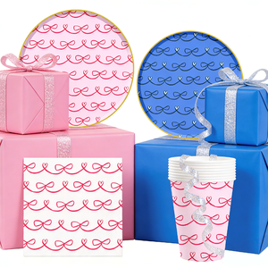 DAMAI Fournitures pour fête prénatale et anniversaire d'enfants, bleu rose, nœud papillon, vaisselle jetable de forme ronde, serviettes en papier, gobelets, assiettes - Product Image 2