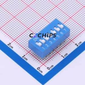 DS-7-B-T DIP Switch Through hole Component (THT),P=2.54mm Switch Flat Toggle, Raised Type Single Pole Single Throw 7 2.54mm - Product Image 1