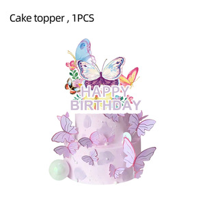 Vaisselle de fête d'anniversaire pour enfants sur le thème des papillons rose et violet LUYI, assiettes en <span class=keywords><strong>papier</strong></span>, serviettes, gobelets, nappe, décorations - Product Image 6