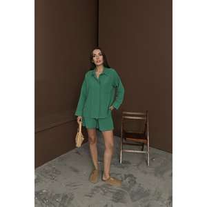 Ensemble chemise en lin pour femme, manches longues, décontracté, respirant, tissu Oxford, pantalon court assorti - Product Image 6