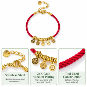<b>Red</b> Cord Bracelet with Gold <b>Tone</b> Charms Stainless Steel 24K Gold Vacuum Plating - Product Image 2