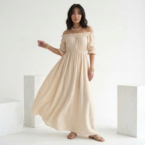 Robe longue en mousseline à épaules dénudées, manches bouffantes, coupe trapèze ample, style bohème, décontractée pour l'été, couleur unie, en tissu tissé respirant - Product Image 1