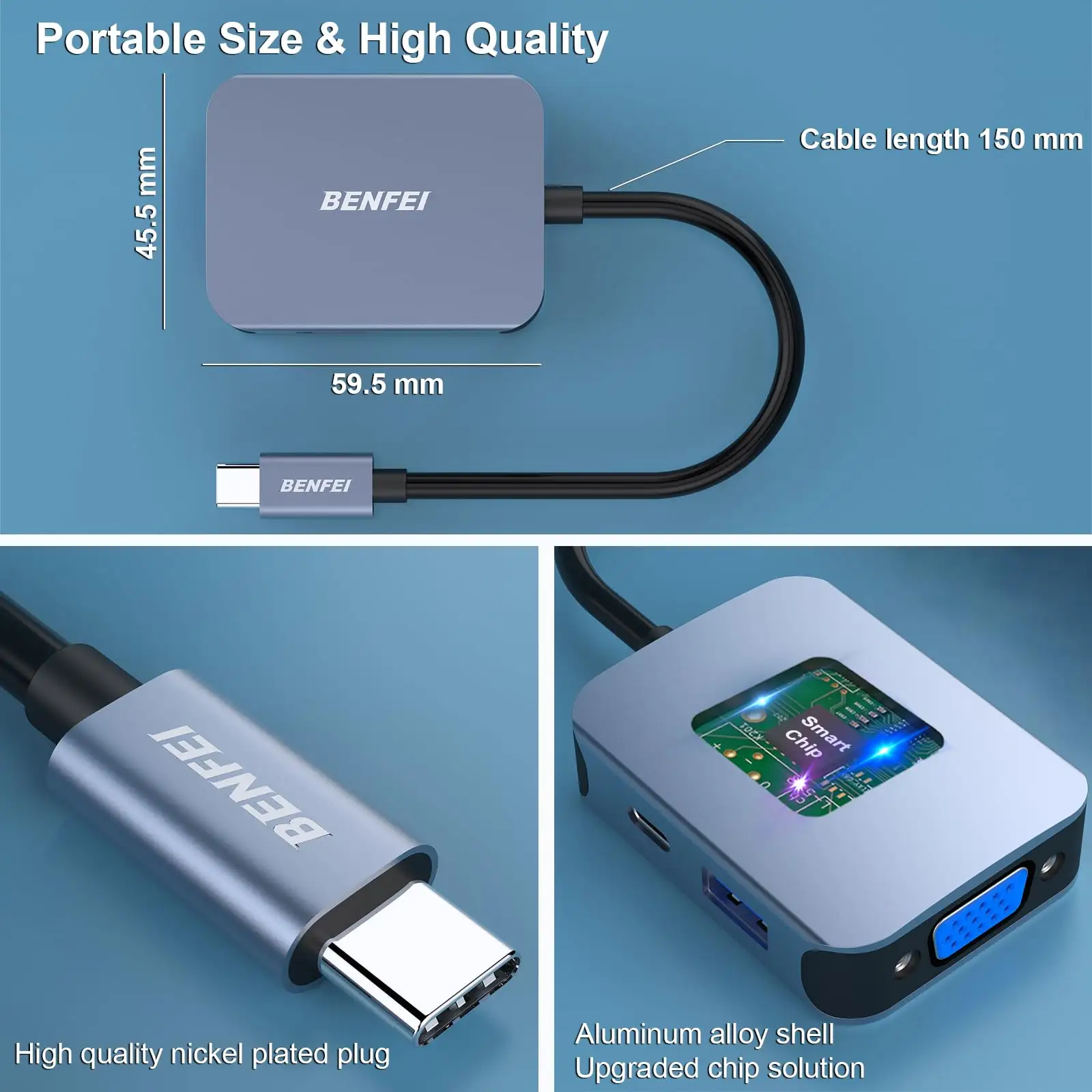 BENFEI USB C HUB 4in1マルチポートアダプター、USB C-HDMI VGA USB3.0および60W電力供給