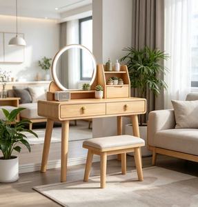 Scandinavian Solid Birch Makeup <b>Vanity</b> With Flip Top <b>Mirror</b> And Storage Drawers Bedroom Dressing Table Set - Product Image 6