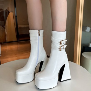 Botines de Plataforma con Tacón Ancho para Mujer, Talla Grande 46, Ajuste Ancho, Doble Hebilla, Cremallera Lateral, Zapatos de Tacón Alto para Dama - Product Image 4