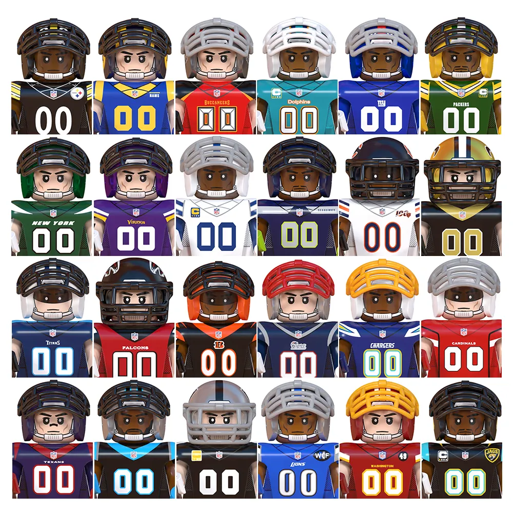 LEGUOGUO 미니 장난감 NFL 축구 팀 럭비 선수 스틸러 램 버커니어 돌고래 빌딩 블록 세트 어린이 장난감 WM6133-6136