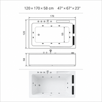 Baignoire à remous personnalisée 1200x1700mm pour deux personnes avec rebord noir, coussins et jets d'hydro-massage