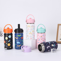 Gourde isotherme 12oz en acier inoxydable 304 à double paroi, anti-fuite, avec paille, motif dessin animé pour enfants, pour la rentrée scolaire
