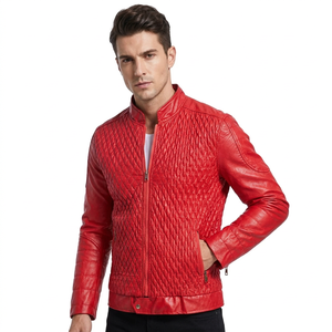 Chaqueta de Cuero para Hombre, Estilo Retro, Impermeable, Acolchada, con Cierre, Cuello Camisero, Transpirable y Ecológica, Color Rojo - Product Image 2