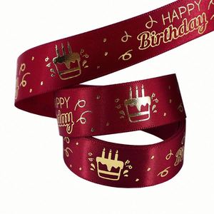 In Stock Festive 1.9cm 10 Yards Happy Birthday Gold Foil Satin <b>Ribbon</b> for Bouquet Decor & <b>Cake</b> Embellishment - Product Image 3
