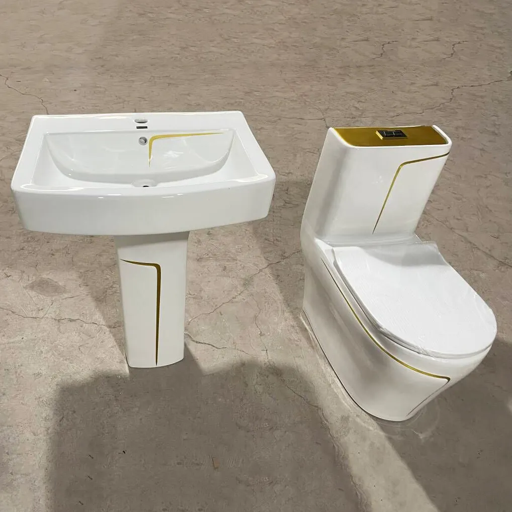 Yeni seramik sıhhi lüks tuvalet takımları altın hattı banyo lavaboları tek parça klozet su dolap yıkama aşağı commode tuvalet