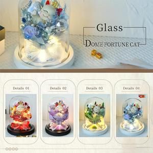 Chat porte-bonheur en fleurs préservées sous cloche en verre, <span class=keywords><strong>Maneki</strong></span>-<span class=keywords><strong>neko</strong></span> avec éclairage LED, arrangement floral éternel, cadeau pour l'inauguration - Product Image 6