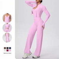 Ensemble de yoga 3 pièces OEM respirant pour femme : pantalon évasé, haut et veste de sport à compression, personnalisable avec logo