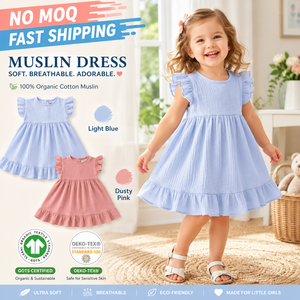 Vestito Estivo per Neonati e Bambini con Maniche a Volant <span class=keywords><strong>in</strong></span> <span class=keywords><strong>Cotone</strong></span> Organico e Garza Stropicciata - Product Image 1