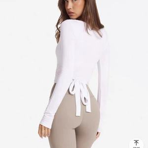 Haut court léger et réglable à col en V pour femmes, haut de <span class=keywords><strong>sport</strong></span> à manches longues avec cravate respirante, t-<span class=keywords><strong>shirt</strong></span> imprimé modal, grande taille - Product Image 3