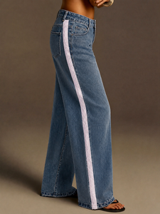 <span class=keywords><strong>Jean</strong></span> taille haute pour femme, en denim, avec rayures latérales en dentelle blanche, coupe ample et jambe large, style Y2K streetwear, pantalon décontracté pour femme - Product Image 3