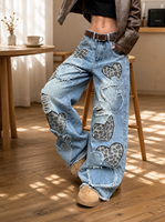 Jeans Anchos con Parche de Corazón de Leopardo, Estilo Y2K, para Mujer, Estética de los 90, Azul Claro Lavado, Holgados