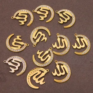 Gold Arabic Women Allah Moon Charm Crystal Muslim Islamic Religion pendant necklace Jewelry