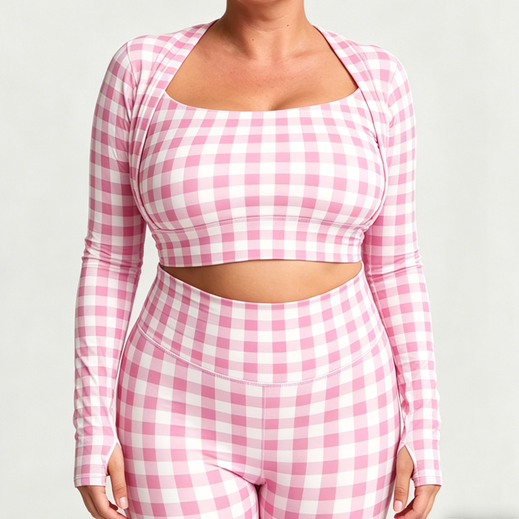 Oversize All-Over pink Grid Pattern Contrast Color Long Sleeve Workout Gym Women Yoga Square Neck Top Plus Size Leisurewear