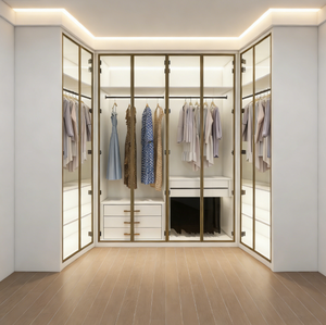 <span class=keywords><strong>Armoire</strong></span> sur mesure minimaliste avec <span class=keywords><strong>porte</strong></span> <span class=keywords><strong>coulissante</strong></span> en verre transparent, design sans poignée et éclairage LED pour chambre à coucher - Product Image 5