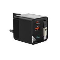 Chargeur mural USB-C rétractable 65W 70W PD PPS à charge rapide avec câble Type-C de 80 cm et protection OTP GaN pour ordinateur portable et mobile